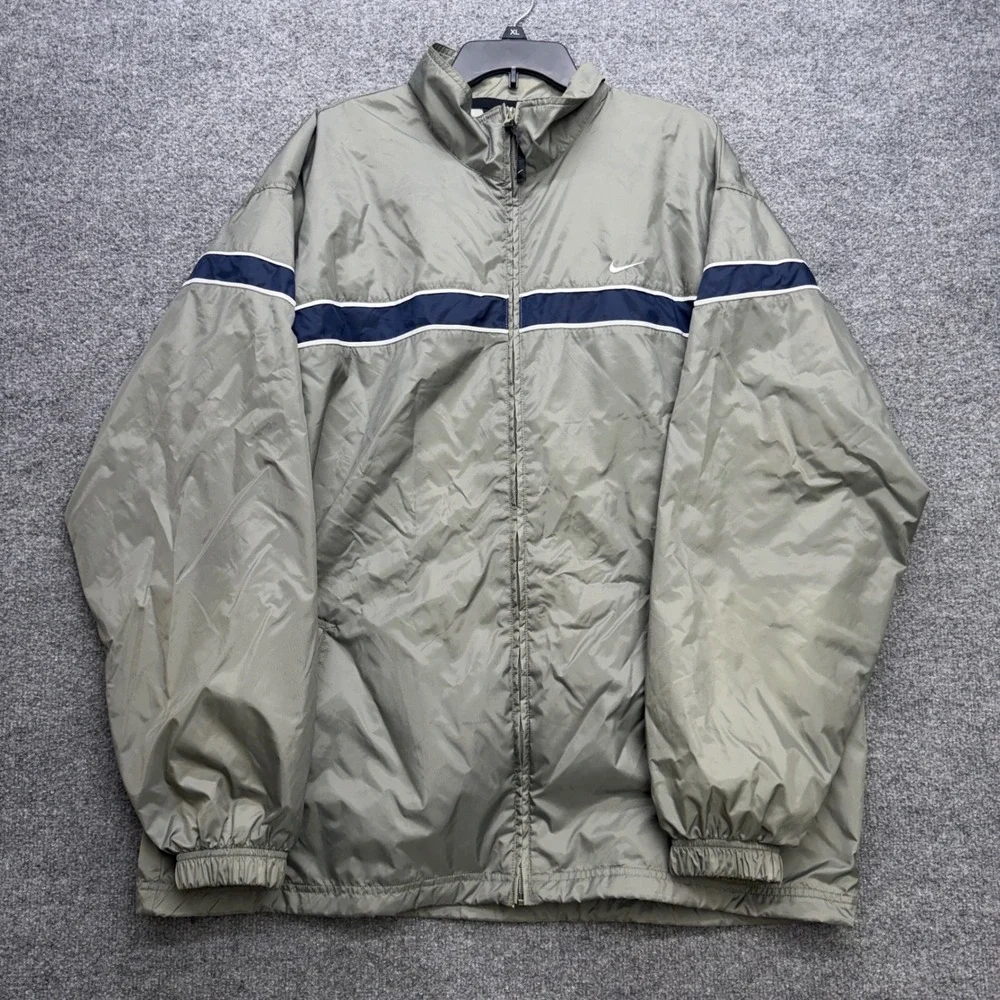 Nike Vintage Windbreaker Jacket Mens XL Olive Green Navy Blue Stripe Full Zip